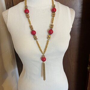 Vintage Gold Tone and Red Beaded Necklace with Tassel Fringe